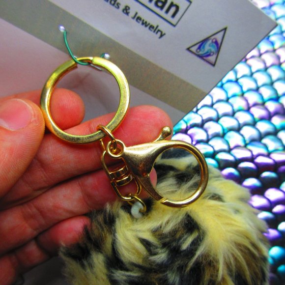 Cheetah Puffball Pom Pom Keychain With Gold Finish Findings - Picture 3 of 4